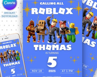 Invitation Roblox, Roblox invite, Roblox Birthday party invitation, Roblox bday Invite, Roblox party Invites, Editable Template Invitation