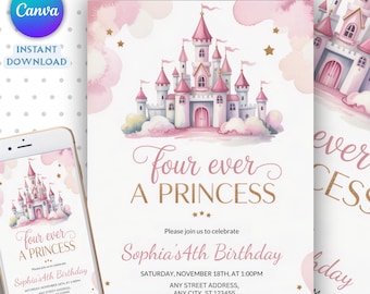 Redigerbar inbjudan till 4-årsdagen för en prinsessa, blommig prinsessfödelsedagsinbjudan, kunglig prinsessa med magiskt slott