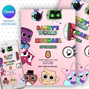 May include: Pink birthday invitation with the text "Dandy's World Michael is turning 8". The invitation features cartoon characters and the Canva logo. A smartphone displays the same design.