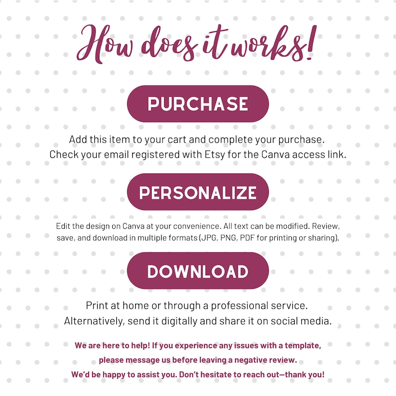 May include: A graphic with the text "How does it works!" and instructions for purchasing, personalizing, and downloading a template. The steps are outlined in burgundy ovals with white text on a dotted background.