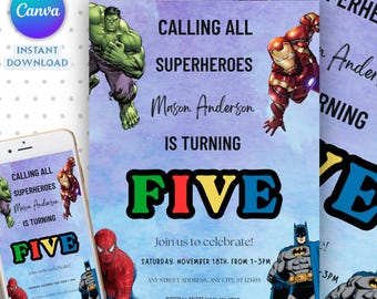 Editable Watercolor Spidey and his Amazing Friends Birthday Party Invitation, Superhero Birthday Invite Canva Template, Instant Download
