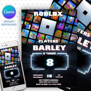 May include: A digital invitation for a Roblox-themed birthday party. The design features the Roblox logo, a background of game screenshots, and text that reads "Players Barley is turning 8." Includes date, time, and RSVP information.