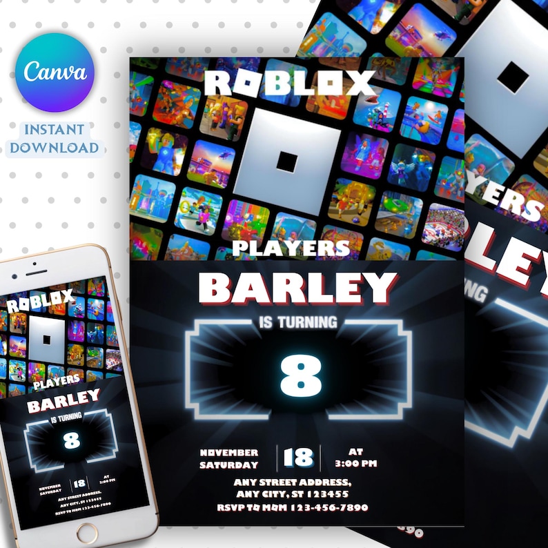 May include: A digital invitation for a Roblox-themed birthday party. The design features the Roblox logo, a background of game screenshots, and text that reads "Players Barley is turning 8." Includes date, time, and RSVP information.