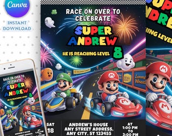 Editable Mario Bros Birthday Invitation, Funny Super Mario Game Party Invite