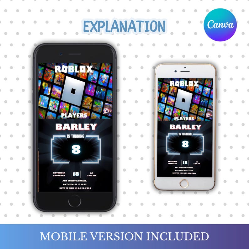 May include: Two smartphones displaying a Roblox-themed birthday invitation. The invitation features the Roblox logo, the name "Barley", and the number "8". The text "Mobile Version Included" is at the bottom.