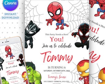 Editable Watercolor Spidey And His Amazing Friends Birthday Party Invitation, Superhero Template Printable, Kids Invite, Instant Download