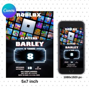 May include: A digital invitation for a Roblox-themed birthday party. The design features the Roblox logo, a background of game scenes, and the name "Barley" with the age "8". Includes date, time, and RSVP information.