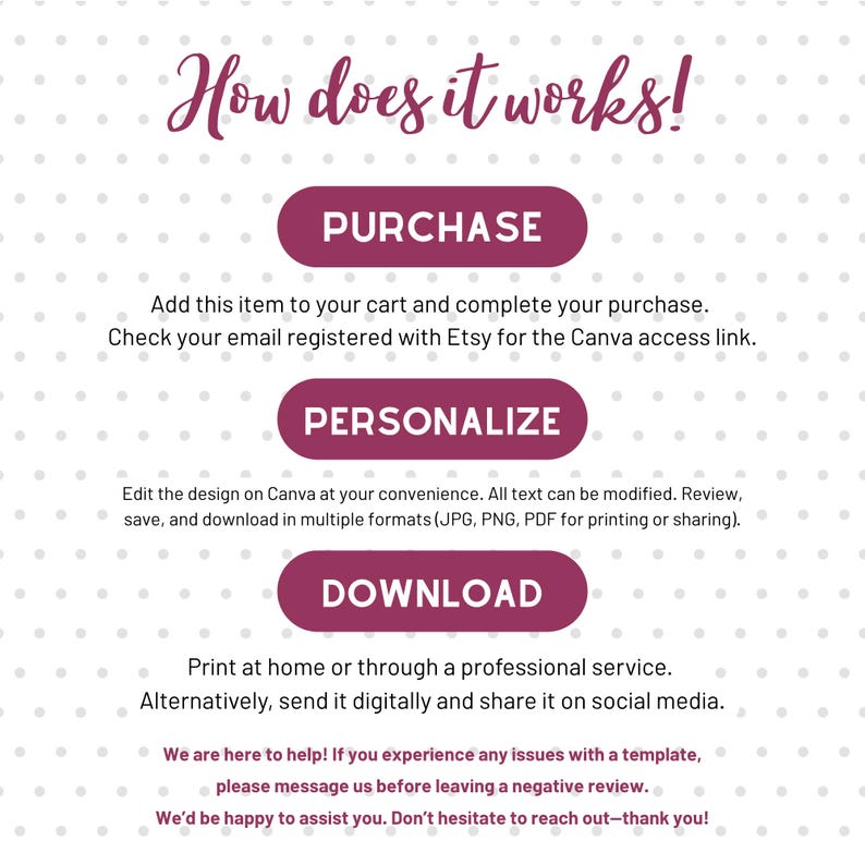 May include: A graphic explaining the process of purchasing, personalising, and downloading a template. The text is set against a dotted background, with burgundy ovals highlighting each step: Purchase, Personalise, and Download.