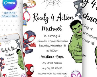 Editable Watercolor Spidey and his Amazing Friends Birthday Party Invitation