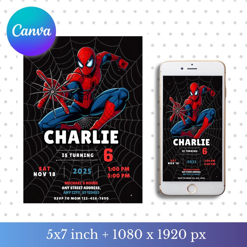 May include: A Spider-Man themed birthday invitation with the superhero in a dynamic pose against a black web background. The invitation includes the name "Charlie", the age "6", and event details. A smartphone displays the same design.