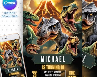 Convite de aniversário com tema de dinossauro editável.