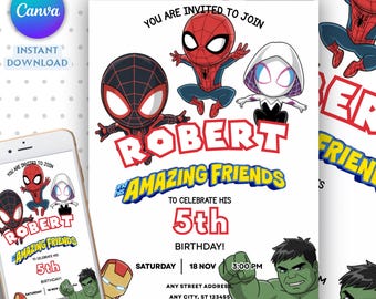 Editable Watercolor Spidey and his Amazing Friends Birthday Party Invitation