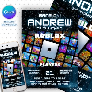 May include: A digital invitation for a birthday party with a Roblox theme. The invitation features the text "GAME ON! ANDREW IS TURNING 7" in white, with the Roblox logo and the word "PLAYERS". The date and time are also included.