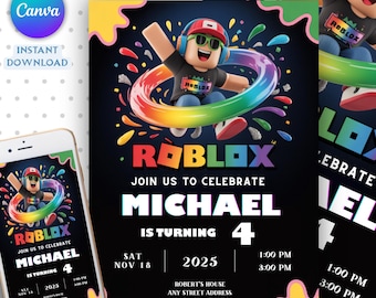 Roblox Invitation, Roblox Invite, Game Party, Roblox Boy Birthday Invitation Template, Game Birthday, Kids Roblox, Editable Template, Canva