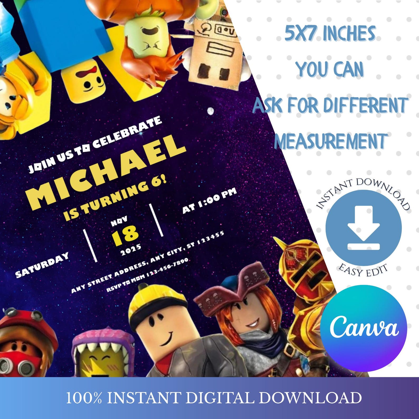 Editable Roblox Birthday Invitation Template, Game Party Invite for ...