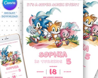 Sonic Geburtstagseinladung für Kinderparty, Sonic The Hedgehog Boys Party einladen, bearbeitbarer Sonic 3 Mädchengeburtstag, Sofort-Download einladen