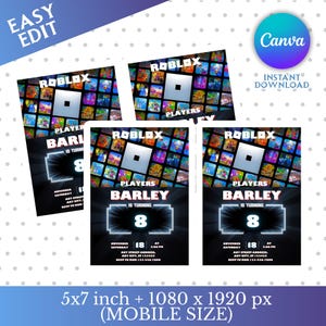 May include: A set of Roblox-themed birthday party invitations. The invitations feature the Roblox logo and a colorful background. The text reads "Players Barley is turning 8" with event details. The image also includes "Easy Edit" and "Canva" text.