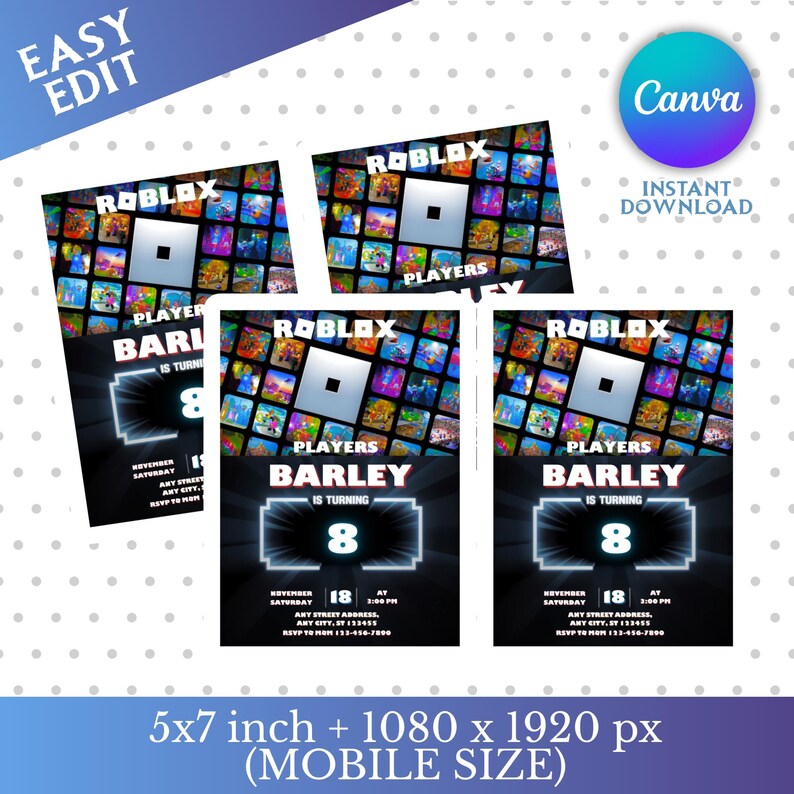 May include: A set of Roblox-themed birthday party invitations. The invitations feature the Roblox logo and a colorful background. The text reads "Players Barley is turning 8" with event details. The image also includes "Easy Edit" and "Canva" text.