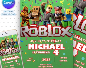 Roblox Invitation, Roblox Game Party Invite, Roblox Boys Birthday Invitation Template, Game Birthday, Kids Roblox, Editable Template, Canva