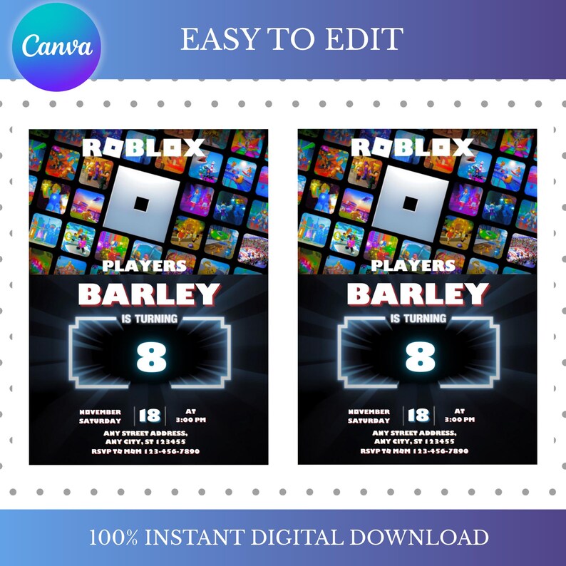 May include: Two digital invitations with a Roblox theme. The invitations feature the Roblox logo, the name "Barley", and the number "8". The text "Easy to Edit" and "100% Instant Digital Download" are also present.