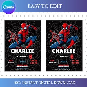 May include: Digital invitation featuring Spider-Man in a dynamic pose against a web background. The invitation includes the name "Charlie", age "6", date, time, and address details. The design is in red, blue, and black.