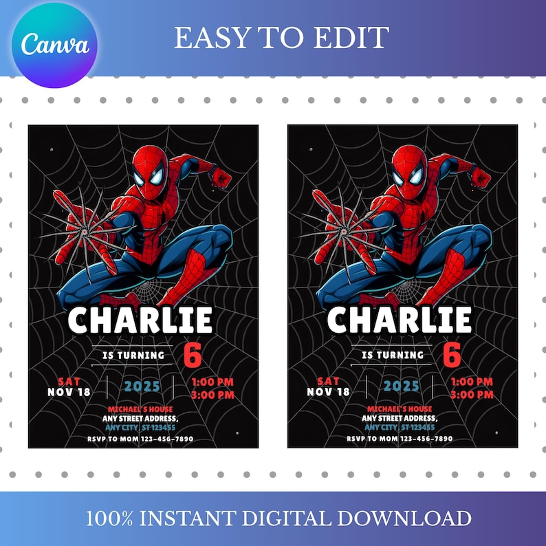 May include: Digital invitation featuring Spider-Man in a dynamic pose against a web background. The invitation includes the name "Charlie", age "6", date, time, and address details. The design is in red, blue, and black.