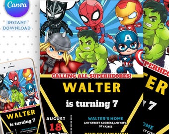 Editable Watercolor Spidey and his Amazing Friends Birthday Party Invitation, Superhero Birthday Invite Canva Template, Instant Download