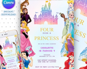 Editable Princess Invitation, Royal Princess 4th Birthday Invite, Girl Princess Theme 4th Birthday, Princess Party Invite Digital Download