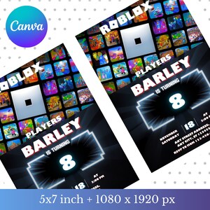 May include: Two birthday party invitations with a Roblox theme. The invitations feature the Roblox logo, a background of Roblox game characters, and the text "Players Barley is turning 8" with event details. The Canva logo is in the upper left corner.