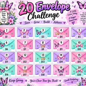 Op de afbeelding: Een "20 Envelope Challenge" spaartracker met pastelkleurige roze, paarse en turquoise enveloppen genummerd van 1 tot 20. Elke envelop toont een geldbedrag, vlinder, kroon of strik. Tekst bevat "20 Envelope Challenge" en "Save, Grow, Build, Achieve."