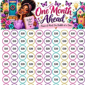 May include: A savings tracker sheet featuring a person holding a notebook labeled Budget Plan Thrive. The text reads One Month Ahead and Peace of Mind, One Bubble at a Time. Below are rows of circles with $10, $20, and $30 amounts in colorful borders.