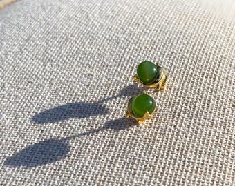 Solid  S925 Sterling Silver Green Nephrite  Jade  Dolphin Stud Earrings - 5×5mm, 0.8g