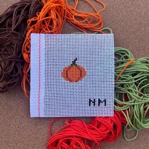 May include: A needlepoint canvas featuring an orange pumpkin design with the initials "NM" in black. The canvas is surrounded by skeins of brown, orange, green, and red embroidery floss, perfect for a fall-themed craft project.