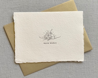 Warm Wishes // letterpress card, holiday card, Snowy House, Log Cabin, Christmas card, handmade paper, deckled edge paper