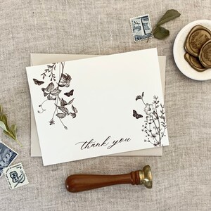 Dank u kaarten, wilde bloemen, vlinders, Sepia Brown, Persoonlijke briefpapier, Bruiloft Dank u, Kaart set, 10 gevouwen 4Bar kaarten met envelop