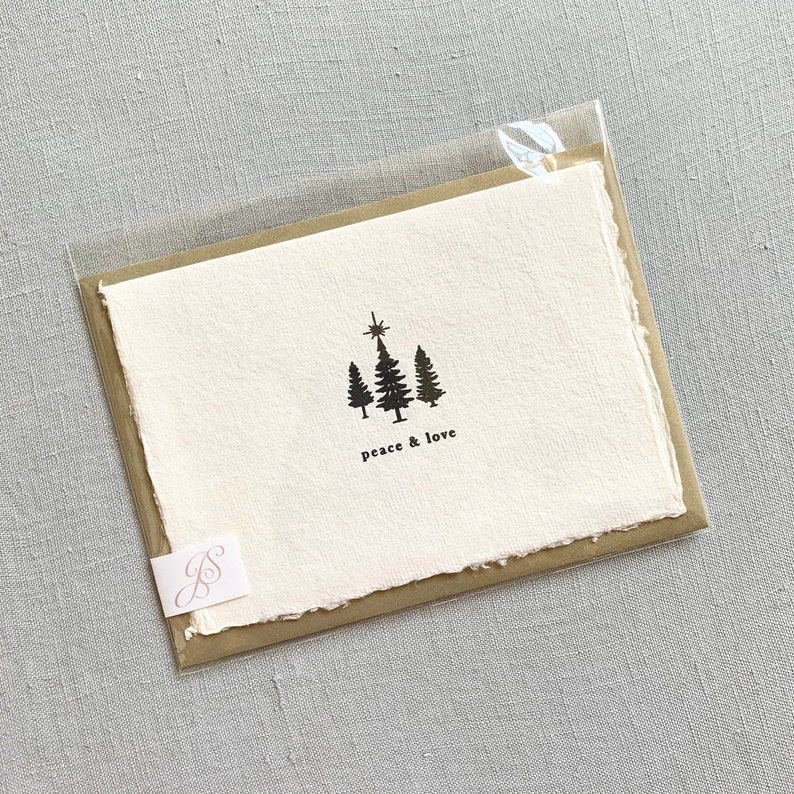 Peace and Love // letterpress card, holiday birthday, Christmas card, Christmas tree, Christmas star. handmade paper, deckled edge paper image 4