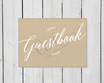 Rustic Guest Book Printable Sign 5x7, White Calligraphy on Kraft, Printable Wedding Signage, Party Sign, Guestbook