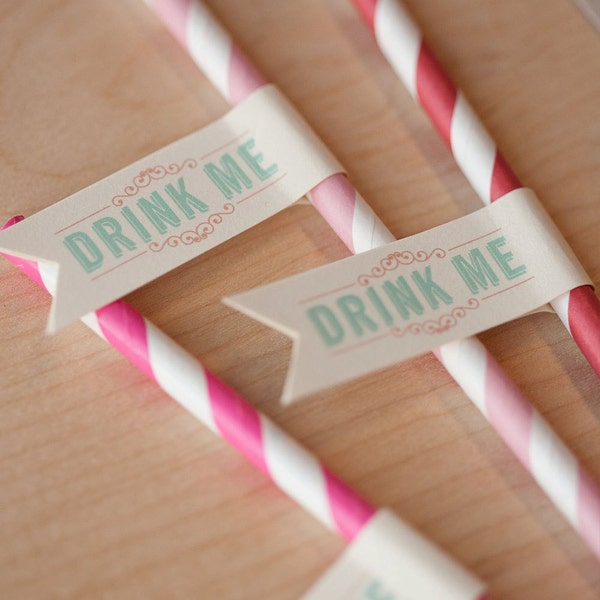 Printable Straw Flags - Drink Me, circus flags, carnival flags, alice in wonderland flags, straw flag