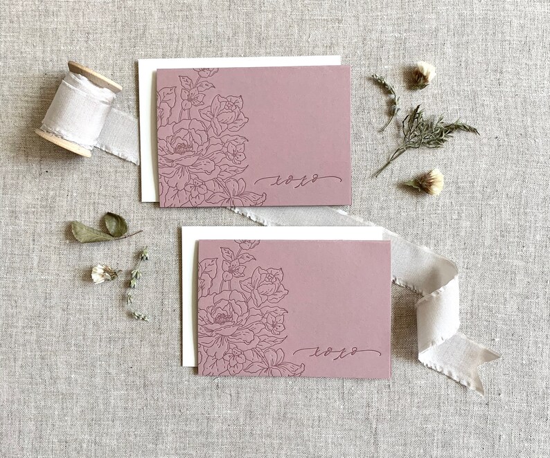 Cartes Letterpress - Cartes florales, cartes de notes XOXO, cartes de remerciement, cadeau pour elle, lettre tonale, carte 3.5x5 avec enveloppe image 1