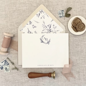 Provenza francesa, Toile francés, Papelería personal, Escudo de flores silvestres, Papelería personalizada, Regalo para mamá, 10 tarjetas planas A6 con sobre