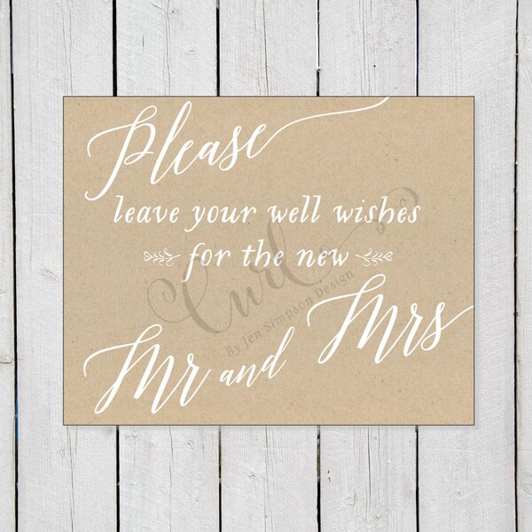 Rustic Guest Book Signage, 8x10 Wedding Signage, Well Wishes Sign, White Calligraphy on Kraft