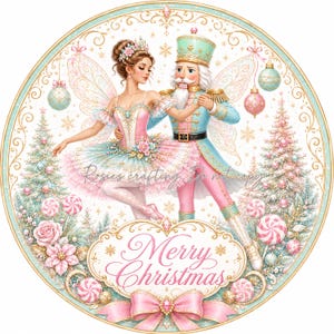 May include: A circular decorative print featuring a ballerina and a nutcracker dancing together. The scene includes Christmas trees, ornaments, and candy canes in pastel pink and blue. The text Merry Christmas is centered at the bottom.