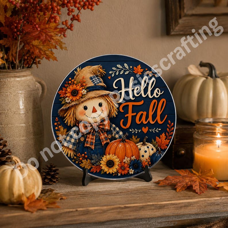 Navy and orange fall sign with Hello Fall quote, scarecrow, pumpkins, sunflowers, and leaf accents.