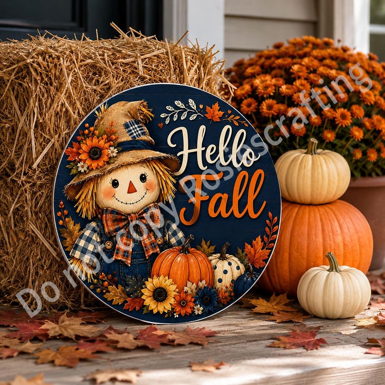 Fall front door sign with navy wood-look background, cream Hello text, orange Fall text, and scarecrow.