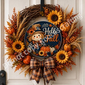 Seasonal Thanksgiving door sign with rustic scarecrow, pumpkins, autumn leaves, and warm harvest colors.
