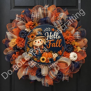 Smiling scarecrow fall door sign with orange pumpkin, plaid bow, sunflowers, and Hello Fall text.
