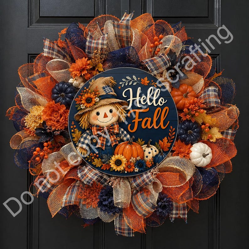 Smiling scarecrow fall door sign with orange pumpkin, plaid bow, sunflowers, and Hello Fall text.