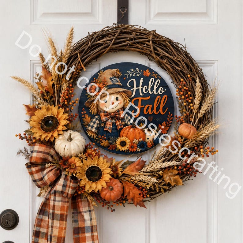 Autumn farmhouse wreath sign featuring scarecrow, pumpkins, fall leaves, berries, and rustic wood background.