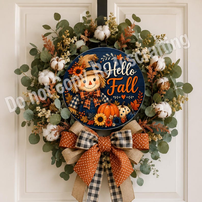 Round fall porch decor sign with scarecrow wearing a straw hat beside pumpkins and autumn flowers.