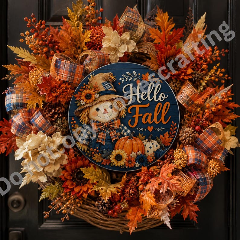 Autumn harvest wreath sign with smiling scarecrow, plaid bow, orange pumpkin, blue pumpkin, and flowers.